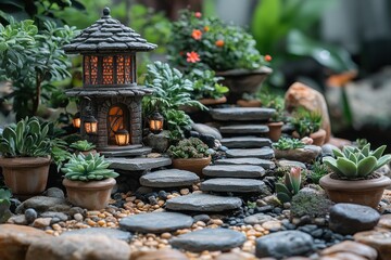 A miniature stone house with a glowing window sits on a small stone pathway with potted succulents and a gravel background.