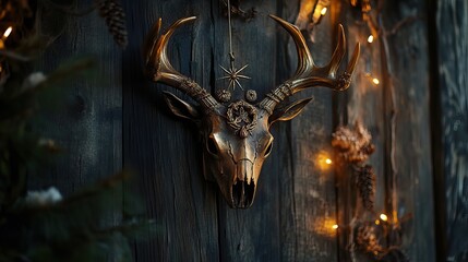 Golden Deer Skull on Rustic Wooden Wall