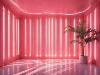 A bright coral pink background with subtle light flares, creating a playful and trendy mood
