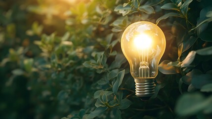 Illuminated Lightbulb Hanging Among Green Leaves