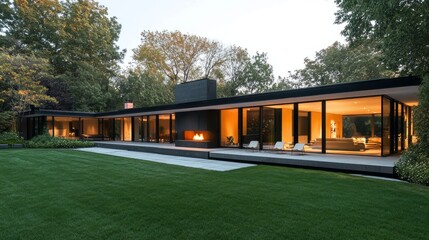 Obraz premium A chic suburban residence featuring bold geometric architecture, oversized windows, and a serene minimalist garden with a sleek fireplace.