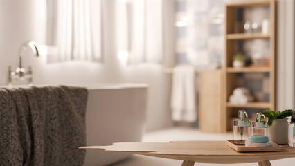 A space for displaying products on a wooden table in a modern, minimalist bathroom with a bathtub.