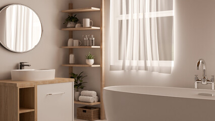 The interior design of a contemporary Japandi minimalist bathroom features a modern, large bathtub.