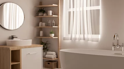 Fototapete Japandi The interior design of a contemporary Japandi minimalist bathroom features a modern, large bathtub.  © bongkarn