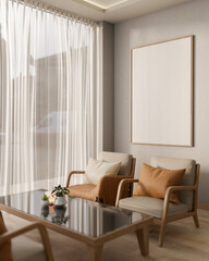 A comfortable Scandinavian living room featuring armchairs, a coffee table, and a picture frame.