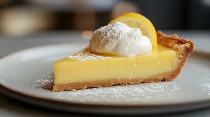 A slice of lemon tart, with a perfectly browned crust and a dollop of whipped cream on top.



