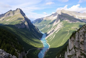 _ . M – Two mountains with a river running between them, formi