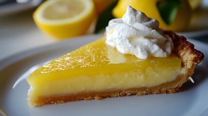 A slice of lemon tart, with a perfectly browned crust and a dollop of whipped cream on top.


