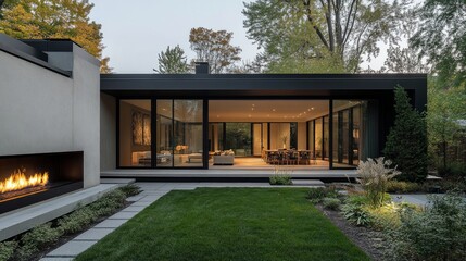 A modern home with a bold geometric aesthetic, large windows framing a tranquil garden and an elegant outdoor fireplace.