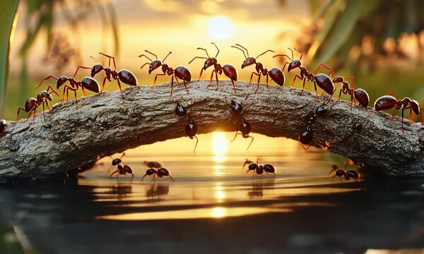 group of ants at sunset