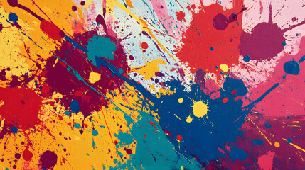 Vibrant paint splatter on a flat color background, dynamic abstract expression, bold hues and intricate patterns create visual energy