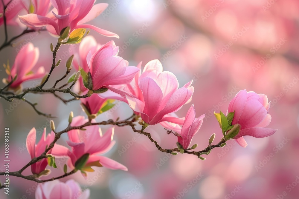 Wall mural Photo of pink magnolia floral branch nature outdoors blossom.