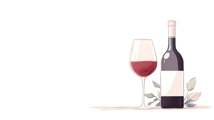 Hand-Drawn Illustration of a Bottle and Glass of Red Wine with Delicate Floral Accents. AI Generated