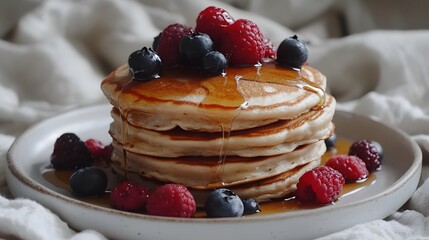 A stack of fluffy pancakes, drizzled with maple syrup and topped with fresh berries.


