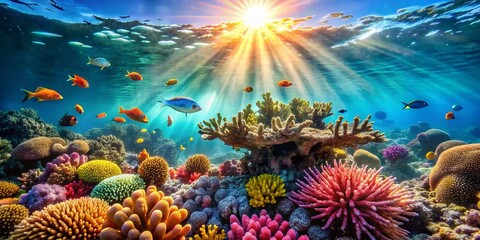 Vibrant Coral Reef Underwater Scene with Diverse Marine Life and Sunlight Effects