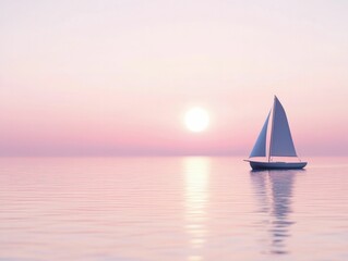 Fototapeta premium A boat sailing towards the horizon, calm waters, setting sun, symbolizing the journey through time