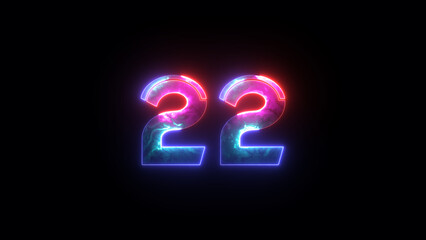 Glowing neon numeric number 22. 4 color neon futuristic effect. Trendy glow lighting