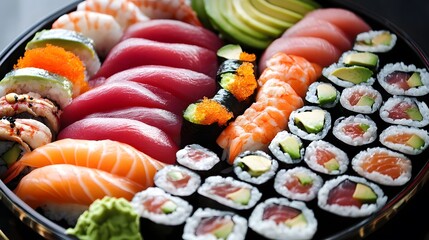A traditional Japanese sushi platter, with vibrant slices of tuna, salmon, and avocado rolls.


