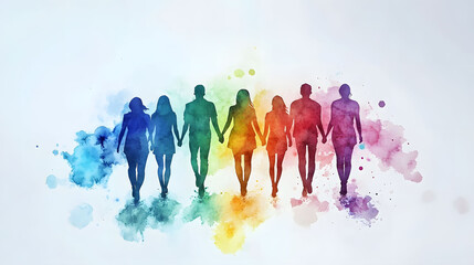 Obraz premium Watercolor Expressions of Unity, vibrant ink splashes with silhouetted figures embodying creativity, friendship, and shared experiences