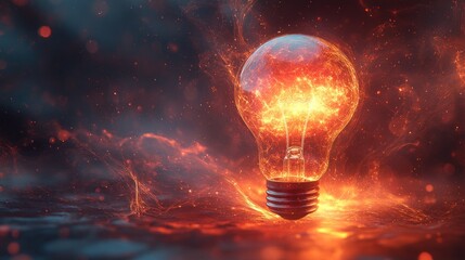 A glowing light bulb surrounded by fiery sparks and swirling energy.