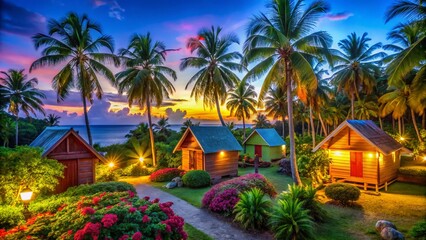 Fototapeta premium Vibrant Tropical Landscape with Wooden Houses and Lush Palm Trees for Stunning Travel Photography