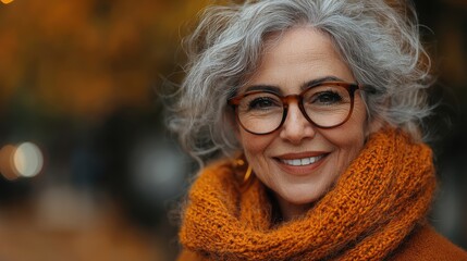 A smiling elderly woman with curly gray hair wearing glasses and an orange scarf enjoys a sunny autumn day in a city park