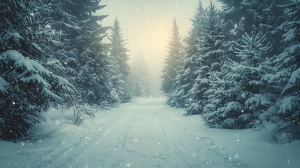 Snowy Forest Path with Tall Pine Trees in Soft Light