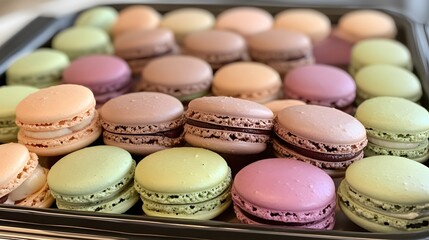 Obraz premium A tray of colorful macarons, in pastel shades with flavors like raspberry, pistachio, and lavender.
