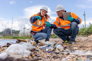 Two environmental scientists  management professionals, wearing protective gear such as hard hats, gloves, and high-visibility jackets analysis waste and sewage from industrial factories kill fish