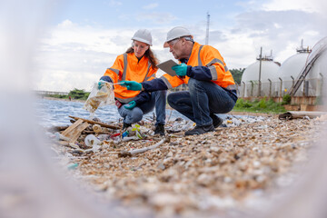 Two environmental management experts wearing protective gear such as hard hats, gloves and...