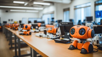 Fototapeta premium A line of small orange robots sit on a desk in a classroom, ready for learning.