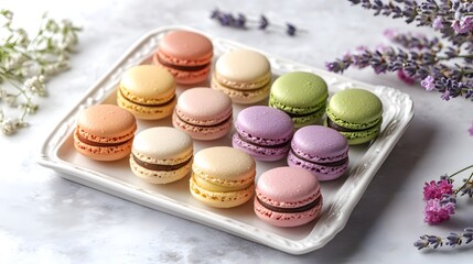 Obraz premium A tray of colorful macarons, in pastel shades with flavors like raspberry, pistachio, and lavender.