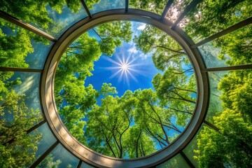 Fototapeta premium Vintage Circular View of Green Treetops Through Skylight with Light Streaming Down