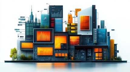 A vibrant urban landscape with digital screens and data visualizations.