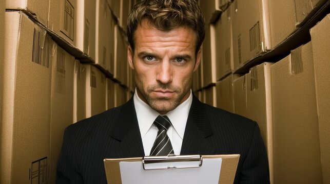 A serious man in a suit stands between stacks of boxes, holding a clipboard, indicating a business or logistics-related context.