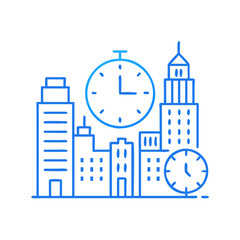 Urban cityscape with clocks on buildings illustrated in a modern style, blue colors, copy space