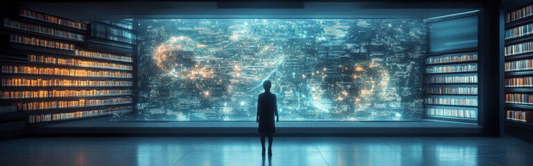 Futuristic library, where AI organizes and presents information as glowing holograms