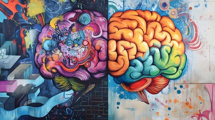 Abstract Graffiti Mural Depicting Two Brains