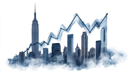 Fototapeta premium A stylized skyline with an upward trend line, symbolizing economic growth and success, featuring iconic skyscrapers.