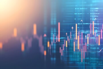 Fototapeta premium A stock market graph with rising candlestick charts, representing an uptrending financial dashboard background. 