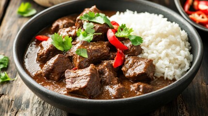 A bowl of Indonesian beef rendang with tender chunks of beef in a spicy, fragrant coconut sauce, served with rice on the side.