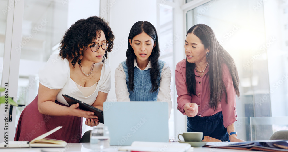 Wall mural Business people, fashion and women with laptop, planning and teamwork with tablet, ideas and research. Group, employees and coworkers in office, tech and collaboration with internet and website info