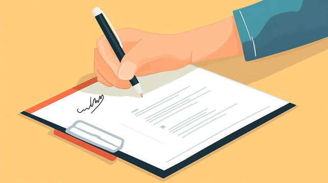 Hand signing on e-document for educational enrollment and registration.