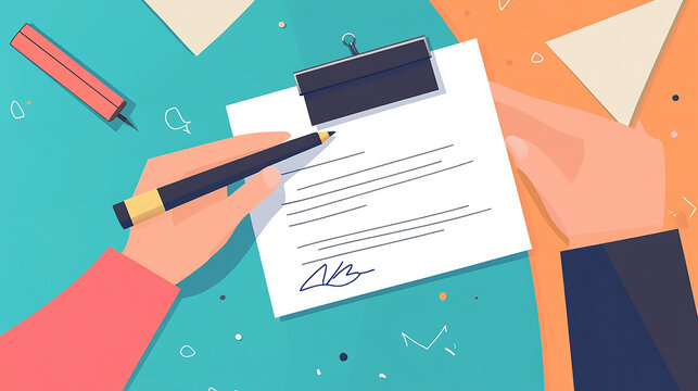 Hand signing on e-document for educational enrollment and registration.