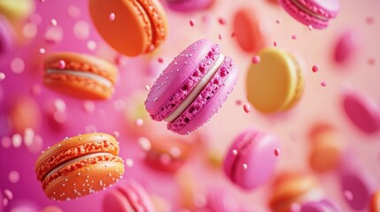 Obraz premium A burst of vibrant macarons, hovering in the air, with their playful colors and patterns on display