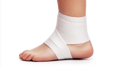Close-up of a bandaged ankle, isolated on a white background, illustrating injury, recovery, and healthcare, ideal for topics on first aid, physical therapy, or medical treatment.