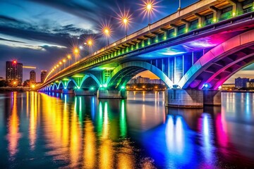 Obraz premium Vintage Style Photography of a Modern Bridge with Colorful Lights Over a Bustling City at Night