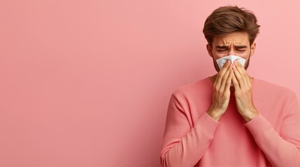 Man with tissue covering nose, wearing a pink sweater, appearing to sneeze or have a cold, set against a soft pink background, representing seasonal allergies, cold, and flu themes