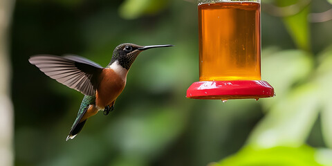 Obraz premium Beautiful Hummingbird Feeding on Vibrant Red and Yellow Feeder