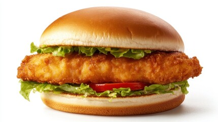 A golden crispy fish fillet in a soft brioche bun, topped with lettuce and tomatoes, served with a side of fries.